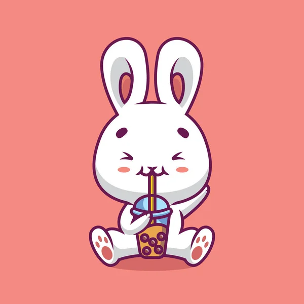Cute Rabbit Drink Boba Milk Tea Cartoon Illustration — Stock Vector