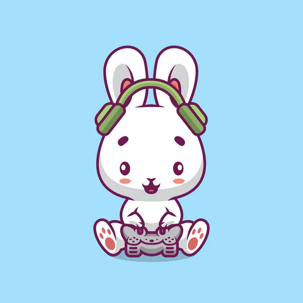 Cute Rabbit Gaming Cartoon Illustration — Διανυσματικό Αρχείο