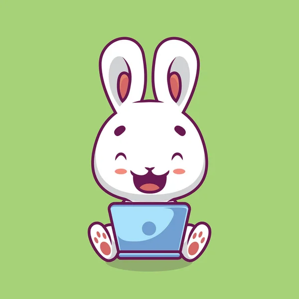 Cute Rabbit Laptop Cartoon Illustration — Διανυσματικό Αρχείο