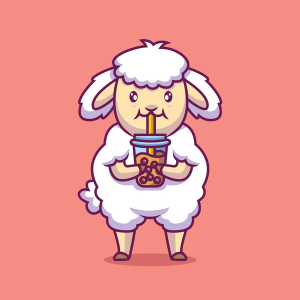 Cute Sheep Drinking Bubble Tea Cartoon Illustration — Stock Vector