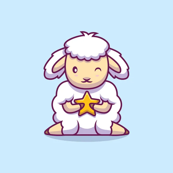 Cute Sheep Holding Star Cartoon Illustration — Stok Vektör