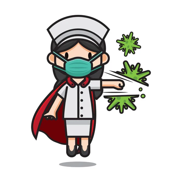 Caracter Cute Nurse Hitting Corona Virus - Stok Vektor