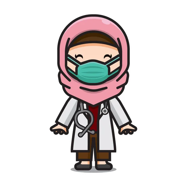 Dokter Muslim Yang Lucu Memakai Masker Vektor - Stok Vektor
