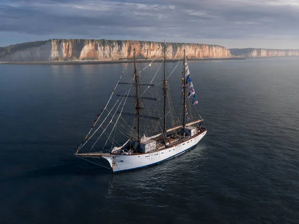 Aerial view of the Marite. French ship in the English Channel away from the Normandy cliffs coastline