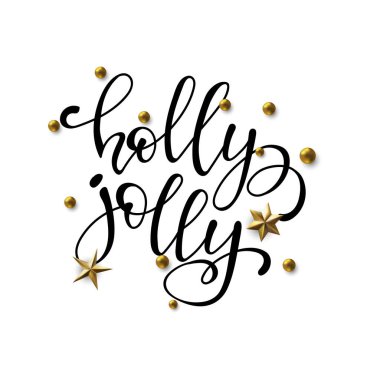 Holly Jolly, kış tatili tasarımına el yazısı kaligrafi. Noel Xmas ve Mutlu Yıllar tebrik kartı, afiş. vektör.