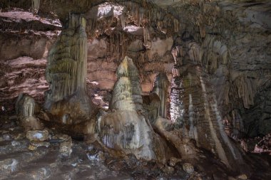 Stalactites and stalagmites in the central chamber of the cave