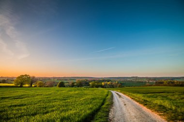 Kuzey Yorkshire, İngiltere 'deki tarlaların yanındaki parlak gün batımı