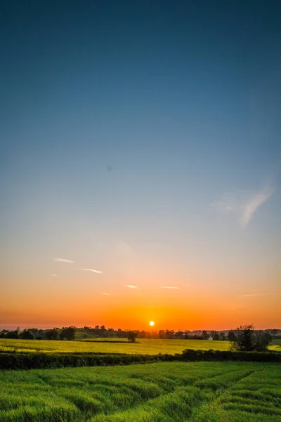 Kuzey Yorkshire, İngiltere 'deki tarlaların yanındaki parlak gün batımı