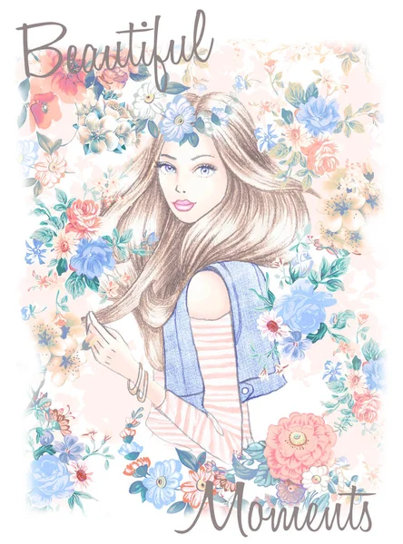 Romance Girl Flower Print — 图库照片