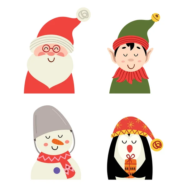 Set Van Geïsoleerde Kerstman Elf Pinguïn Sneeuwpop — Stockvector