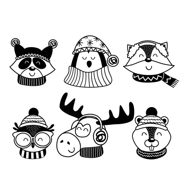 Conjunto Cabezas Animales Negros Aislados Parte — Vector de stock