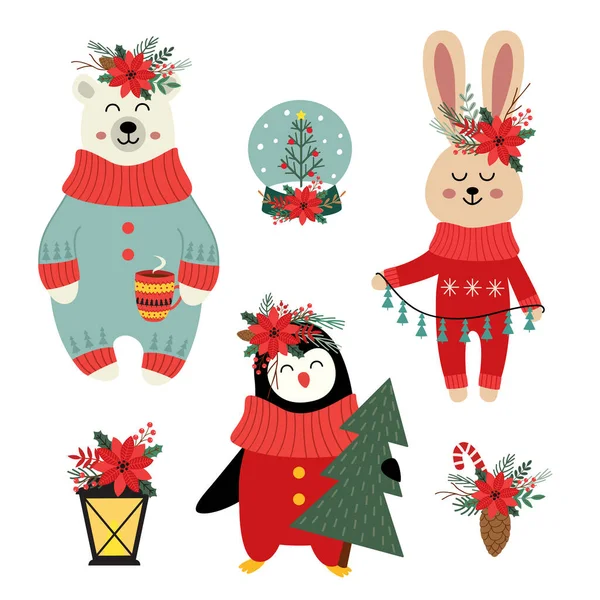 Conjunto Oso Polar Navidad Aislado Liebre Pingüino — Vector de stock