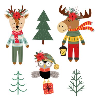 İzole edilmiş Noel geyiği, geyik, baykuş seti