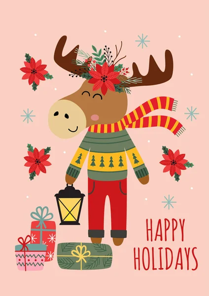 Christmas Card Elk Gifts — Stock Vector