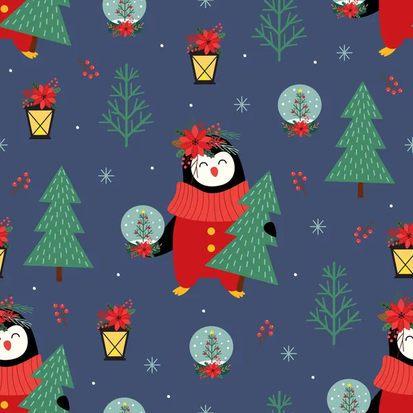 Patrón Sin Costuras Con Pingüino Árbol Navidad — Archivo Imágenes Vectoriales