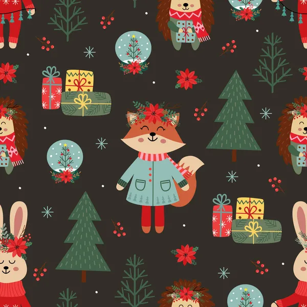 seamless pattern with fox, hedgehog and hare
