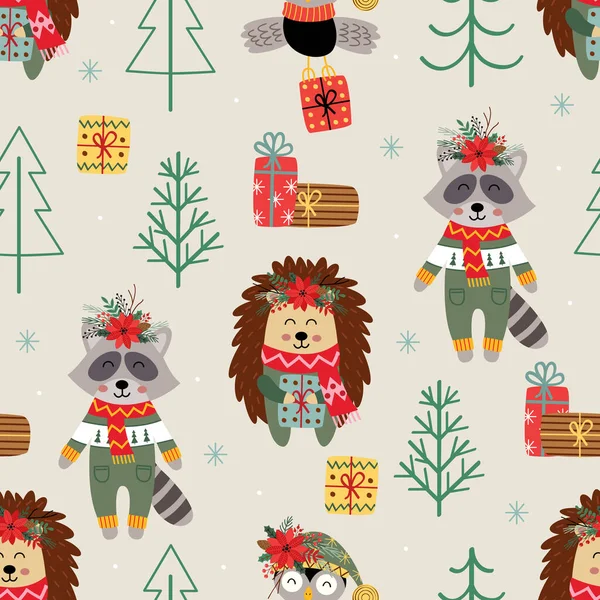 Seamless Pattern Christmas Hedgehog Raccoon — Stock Vector