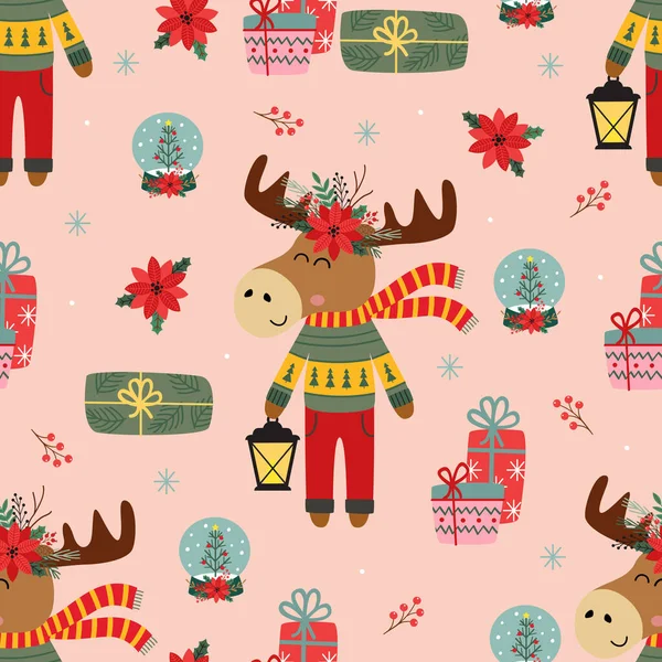 Seamless Pattern Christmas Elk Gifts — Stock Vector