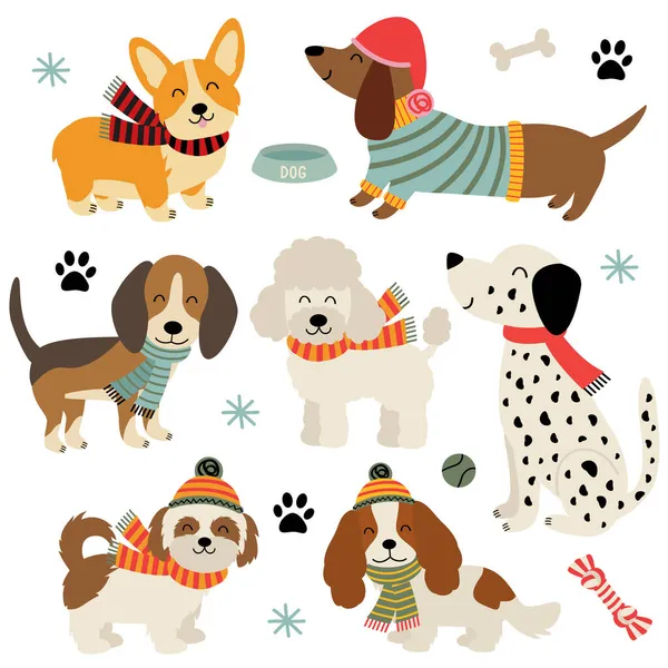 Set Isolated Cute Funny Dogs Winter — Stock Vector