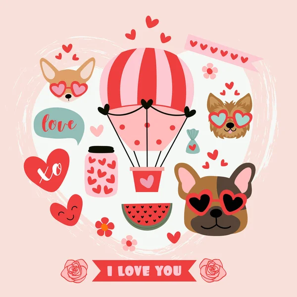 Carte Saint Valentin Avec Des Chiens Drôles Des Éléments Amour — Image vectorielle