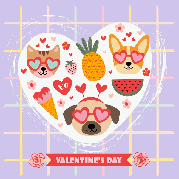 Valentinskarte Mit Hunden Katzen Liebeselementen — Stockvektor