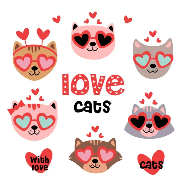 Set Isolated Valentine Cat Heads Part — Stock Vector