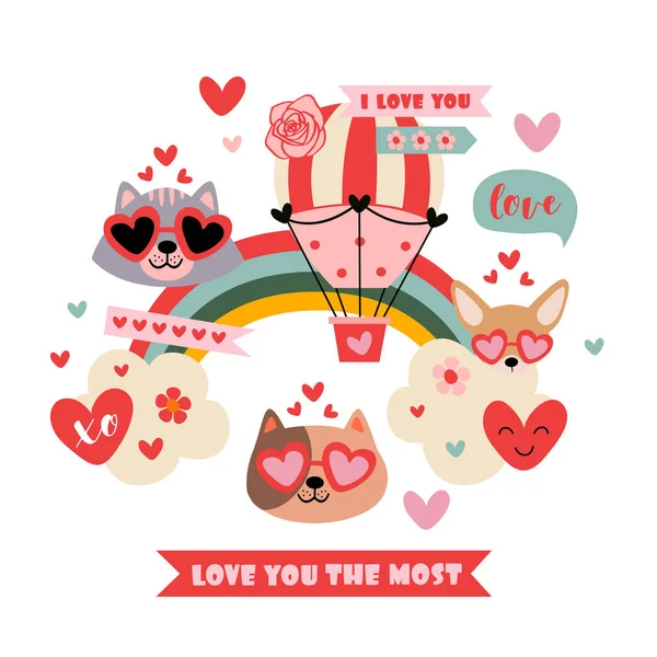 Love Card Cute Dog Cats Rainbow Hot Air Balloon — Stock Vector