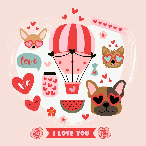 Tarjeta San Valentín Con Perros Divertidos Elementos Amor Ilustración De Stock