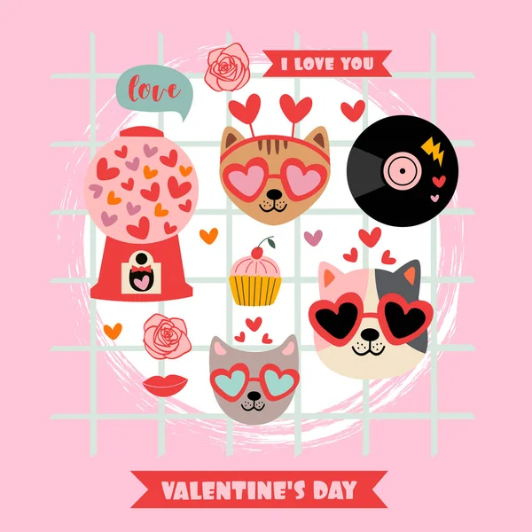 Kartu Valentine Dengan Kucing Lucu Dan Elemen Cinta Grafik Vektor
