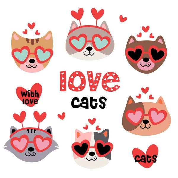 Set Dari Kucing Valentine Terisolasi Kepala Bagian Stok Ilustrasi Bebas Royalti