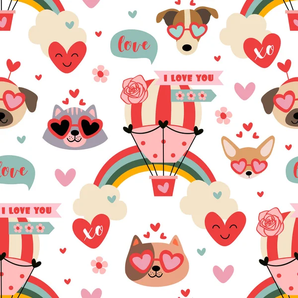 valentine seamless pattern with  cute dog, cats,rainbow, hot air balloon