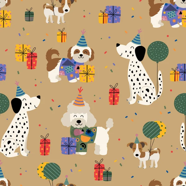 День Рождения Бесшовный Шаблон Весело Собак Подарков — стоковый вектор