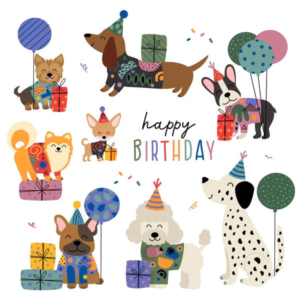 Σετ Απομονωμένα Χαριτωμένα Αστεία Σκυλιά Για Γενέθλια — Διανυσματικό Αρχείο