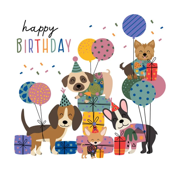 Cartão Aniversário Com Cães Engraçados Bonitos Presentes —  Vetores de Stock