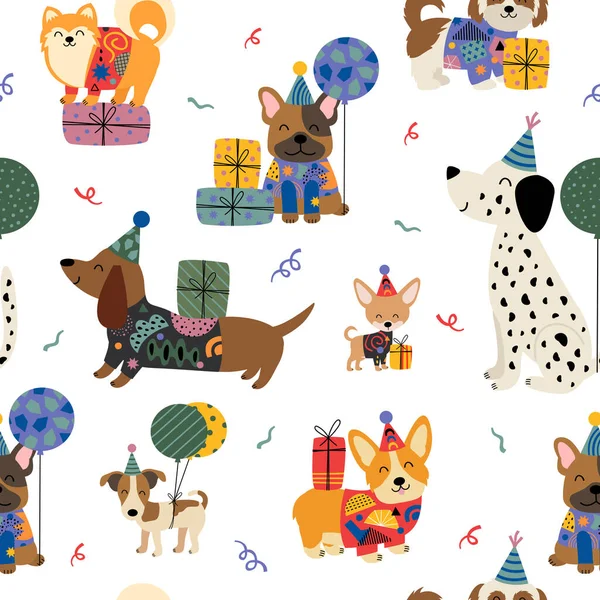 Birthday Seamless Pattern Nice Funny Dogs Gifts Stock Vector