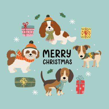 Noel kartı, sevimli komik köpekler ve hediyeler.