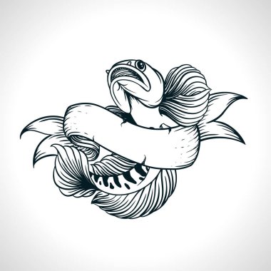 black white predator fish logo with banner illustration