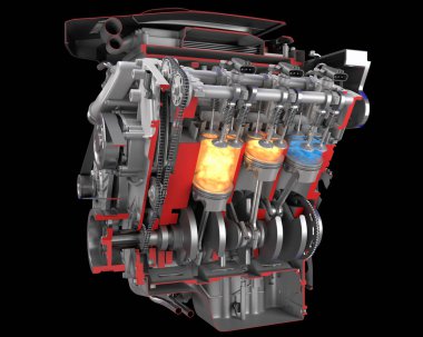 Beyaz arkaplanda 3D ateşleme ile kesme V8 Araç Motoru