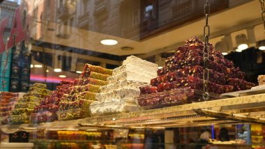 street food market, thailand-january 2020: christmas fair, traditional turkish delight, spices and fruits