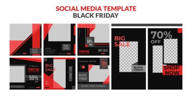Sosyal medya seti, kare ve hikaye şablonu. Kara Cuma mobilyaları, ayrıca moda ürünleri, elektronik eşyalar için..