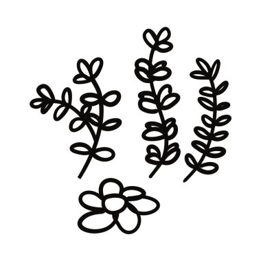  Çiçek parçaları, ağaç dalları ve çiçeklerin el çizimi.