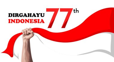 Dirgshsyu Indonesia means Indonesian Independence Day. august 17, bakground, banner, hand holding flag illustration