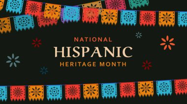 Hispanic heritage month. Abstract floral ornament background design, retro style with text, geometry, flag