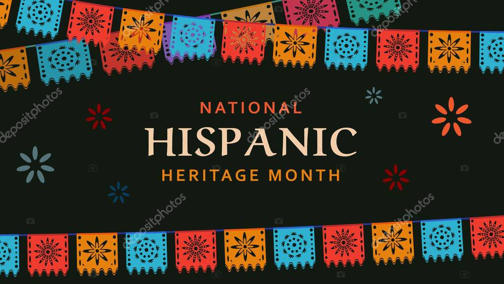Hispanic heritage month. Abstract floral ornament background design, retro style with text, geometry, flag
