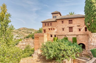 Granada, Spain - September 2020 : Alhambra gardens in sunny weather 