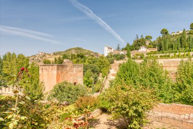 Granada, Spain - September 2020 : Alhambra gardens in sunny weather 
