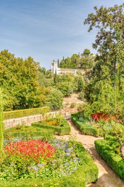 Granada, Spain - September 2020 : Alhambra gardens in sunny weather 