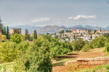 Granada, Spain - September 2020 : Alhambra gardens in sunny weather 