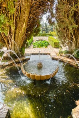 Granada, Spain - September 2020 : Alhambra gardens in sunny weather 