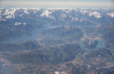 Aerial view of Italian Alps and cities